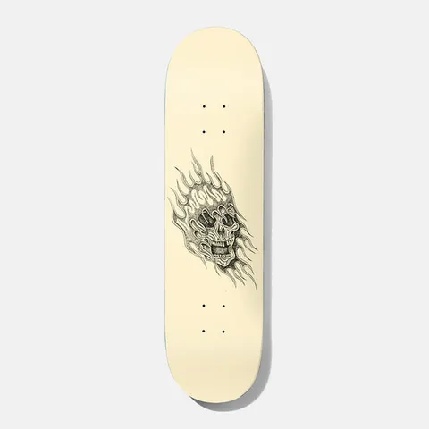 Baker T - Funk Undead 8.475 skateboard deck: Fine pen-and-ink drawing of a grinning skull wrapped in stylised flames, placed diagonally in the centre of a plain cream deck.