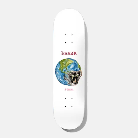 Baker T - Funk Waters 8.5 skateboard deck: A watercolour-style Earth with a snarling tiger's face emerging from one side, on a white deck. The brand name appears above in red gothic lettering and T FUNK below in small pink text.