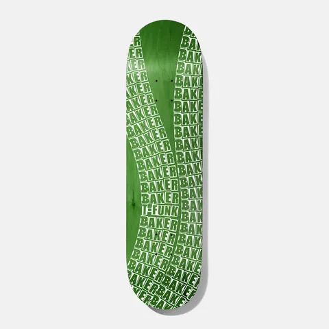Baker T Funk Wavy Green 8.625 skateboard deck: Repeated white-on-green Baker box logos stacked in rows and warped into a wavy pattern, with a T-Funk label in the middle, on a green stained deck.