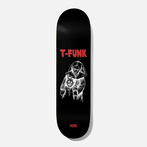Baker T - Funk Whiplash 8.25 skateboard deck: A white line-drawn hooded figure in a mask holds a small horned creature or mask, under red block lettering reading T-FUNK on a plain black deck. Small red Baker logo near the tail.