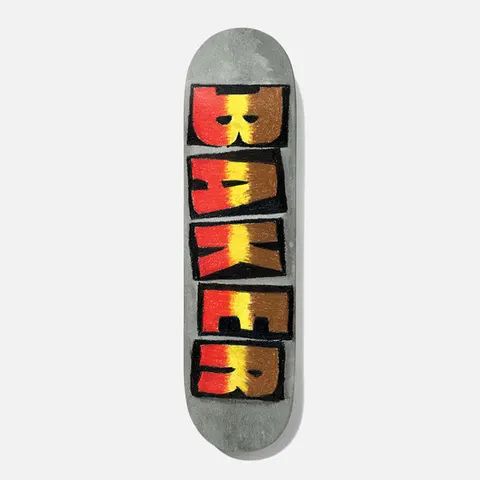 Baker T - Funk Yellow Stripe 8.0 skateboard deck: The Baker name stacked vertically in chunky crayon-textured block letters, each shaded from red through yellow to brown, outlined in black on a grey deck.