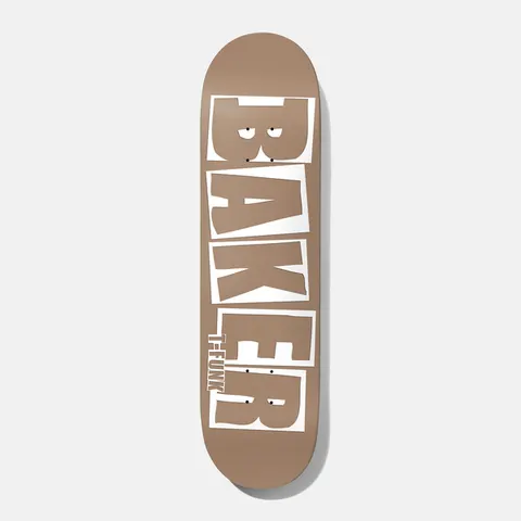 Baker Tfunk Brand Name Taupe B2 8.5 skateboard deck: Large white blocky Baker logo letters with a hand-cut look fill the deck on a taupe background, with small T-Funk lettering by the tail.