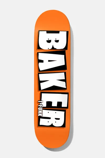 Baker TFunk Brand Name Neon Orange B2 8.25 skateboard deck: Neon orange deck with the Baker name stacked in large white block letters outlined in black, with a small rider name in white on black beside the last letters.