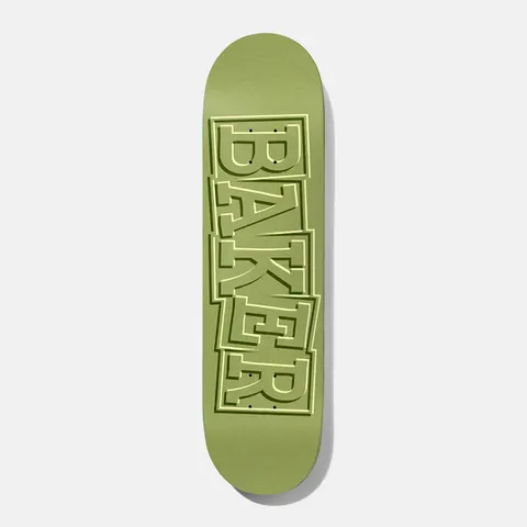 Baker Tfunk Ribbon Green 8.5 skateboard deck: Plain sage green deck with the Baker name in large, tone-on-tone, ribbon-style block capitals stacked vertically down the length, outlined in pale green.