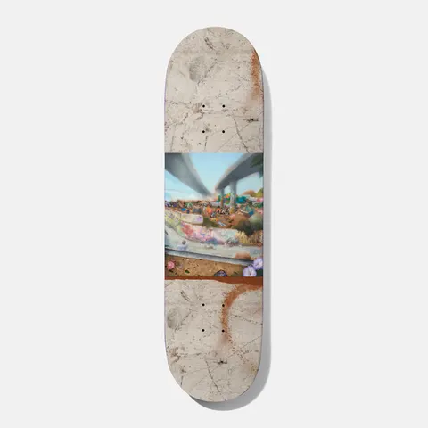 Baker Tfunk Wasteland Paradise 8.25 skateboard deck: A painted scene of a graffiti-covered concrete skate bowl beneath freeway overpasses, with flowers in the foreground, set as a central band across a weathered concrete-textured deck with rust-orange spray marks.