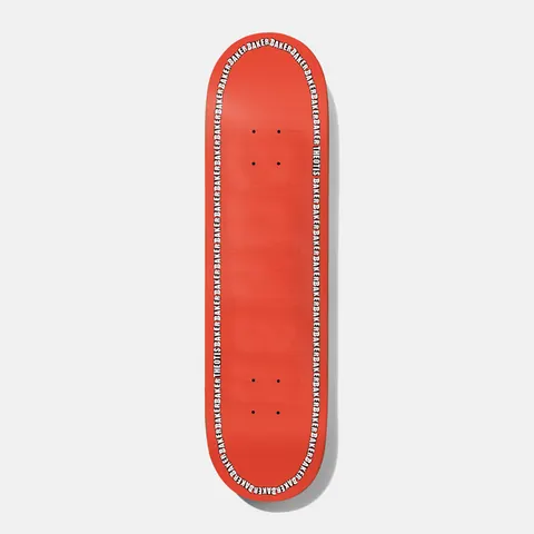 Baker Theo Coral Edge 8.125 skateboard deck: A coral-orange deck with a large tone-on-tone Baker logo across the board and a black and white repeating Baker and rider name ribbon running around the edge.