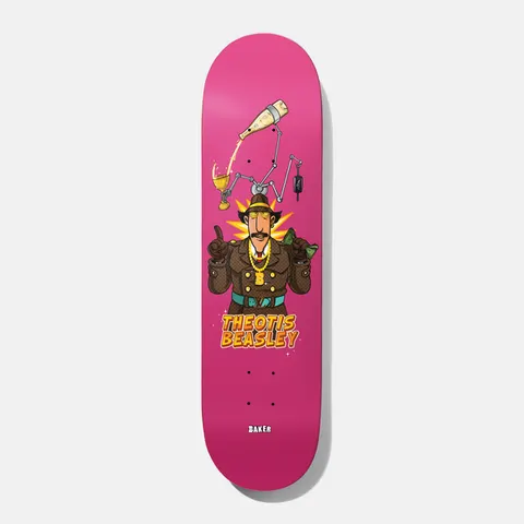 Baker Theo Wowzers 8.0 skateboard deck: Cartoon moustached man in a brown monogrammed trench coat and hat with gold chain, holding cash, while a robotic arm pours champagne into a glass above him. Rider name in orange comic lettering on a pink deck.