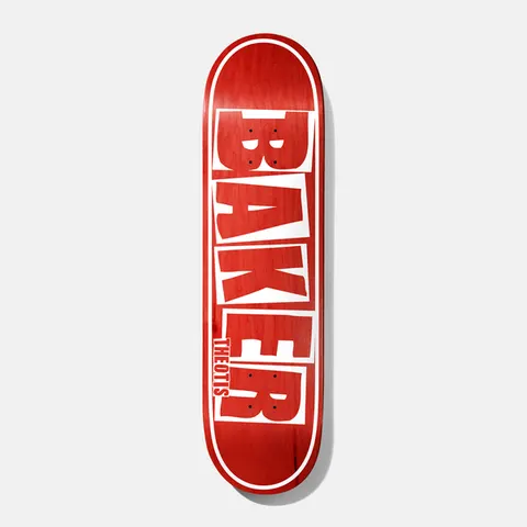 Baker Theotis Brand Name Veneer Red 8.5 skateboard deck: Large Baker logo letters in white block capitals stacked down the deck, with Theotis in small red letters, inside a white outline border on a red-stained wood veneer.