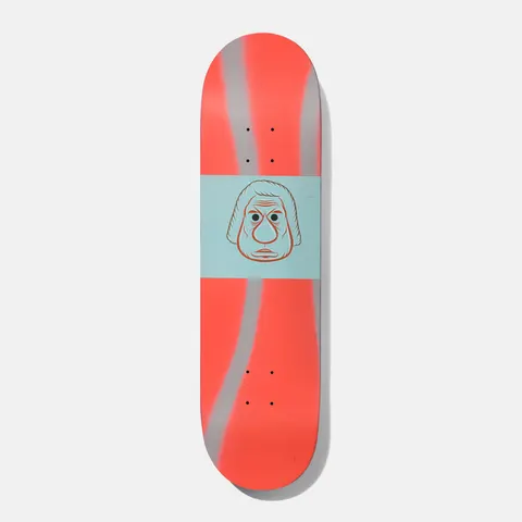 Baker Theotis Barry 8.3875 skateboard deck: A line-drawn cartoon face of a stern older man with white hair, set in a pale blue band across the middle of the deck. The ends are sprayed in fluorescent red-orange with grey streaks.