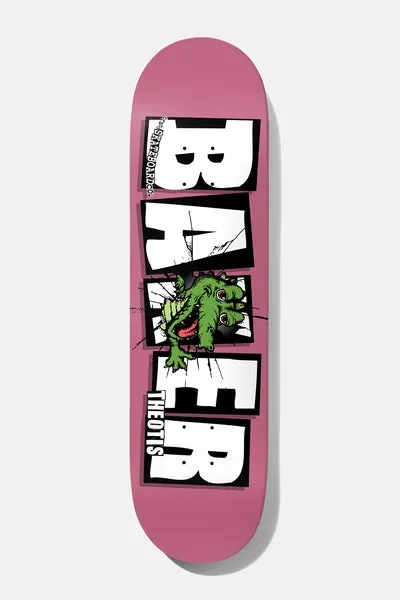 Baker Theotis Emergers 8.0 skateboard deck: A green monster with a wide-open mouth smashes through cracked white block Baker lettering on a pink deck, with 'THEOTIS' lettered by the lower letters.