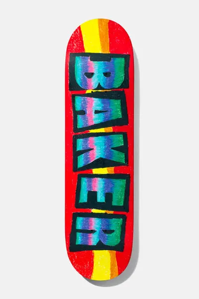 Baker Theotis Flow State 8.0 skateboard deck: Chunky hand-painted BAKER lettering in rainbow gradient letters outlined in black, over red with yellow and orange vertical stripes.