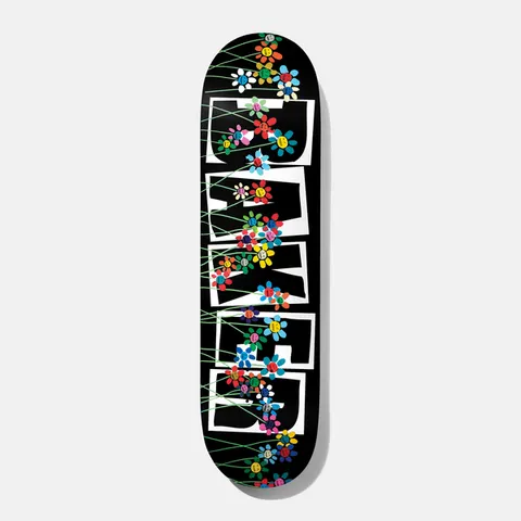 Baker Theotis Flowers 8.0 skateboard deck: Black deck with the Baker logo in large white outlined block letters, stacked vertically, with colourful smiley-faced flowers on long green stems growing up through and around the letters.