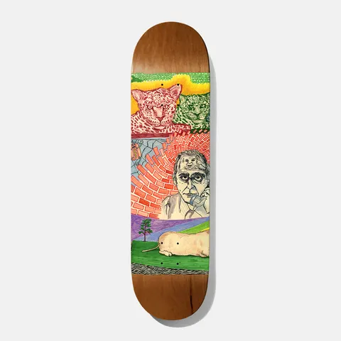 Baker Theotis Hot Dogs Lament 8.125 skateboard deck: A hand-drawn coloured-pencil panel on a natural wood deck: two leopard faces at the top, a man in a brick-swirl room talking on a telephone, and a pale naked mole rat on a green lawn with a tree below.