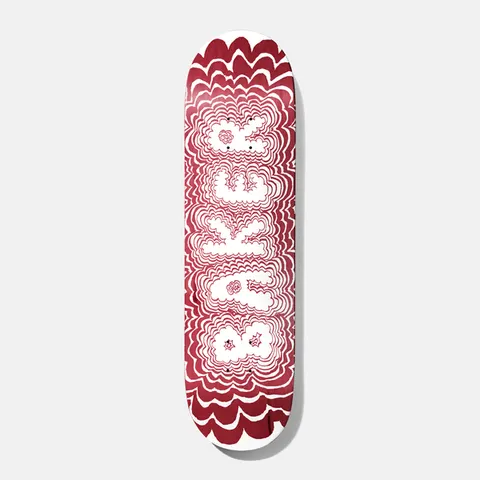 Baker Theotis Ink Wasters 8.475 skateboard deck: Large white bubble-style Baker lettering in the centre of a red deck, surrounded by many concentric wavy white outlines that ripple outwards to the edges, with small doodled faces in the letters.