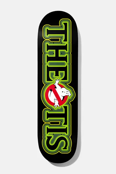 Baker Theotis No Busters 8.25 skateboard deck: Black deck with the name Theotis in large glowing green outlined block letters, the O replaced by a ghost in a red prohibition circle in the style of the Ghostbusters logo.
