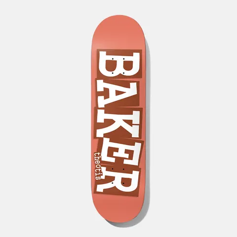 Baker Theotis Ribbon Peach B2 8.0 skateboard deck: Large white serif BAKER logo stacked vertically on rough brown cut-out blocks over a peach deck, with the rider's name in small white text at the side.