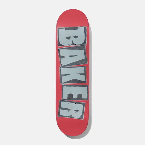 Baker Theotis Sketchy Red 8.5 skateboard deck: Baker name in large blocky pencil-sketched grey letters, stacked vertically, on a red deck.