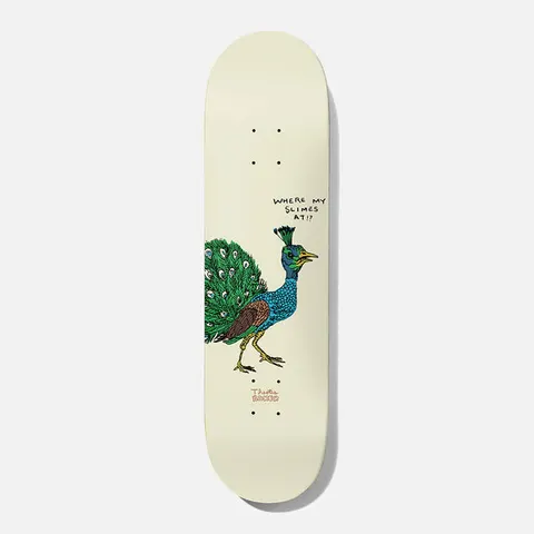 Baker Theotis Slimes 8.25 skateboard deck: A hand-drawn peacock with a green tail stands on a cream deck, with the handwritten caption asking where the slimes are. Rider signature and Baker logo at the tail.