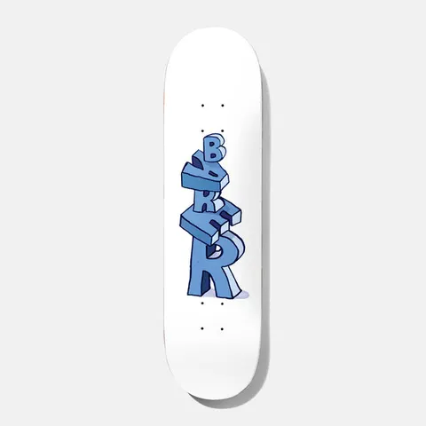 Baker Theotis Stacks 8.475 skateboard deck: Three-dimensional blue block letters spelling BAKER, stacked and tumbling in a wobbly pile at the centre of a plain white deck.