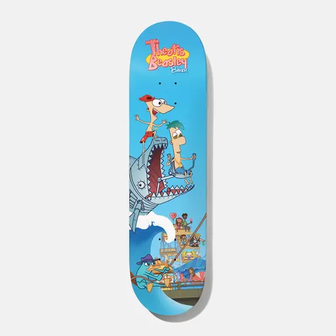 Baker Theotis Step Brothers 8.0 skateboard deck: Cartoon parody on a bright blue deck: two cartoon boys, one riding and one swinging from the open jaws of a robotic shark rising from a wave, with a platypus in a hat below and a pier crowd. Pink title lettering at the nose.