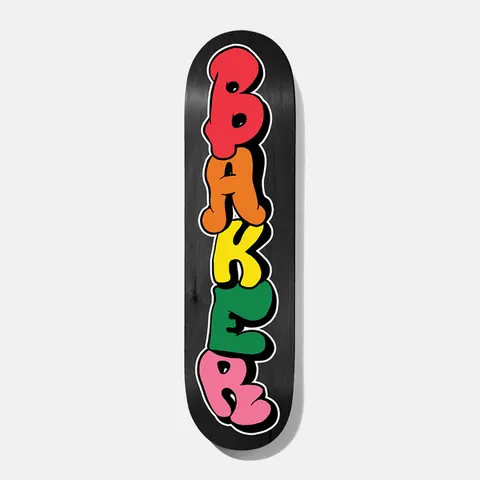 Baker Theotis Tagged 8.0 skateboard deck: Baker name in chunky bubble graffiti letters, stacked vertically in red, orange, yellow, green and pink with white and black outlines, on a black deck.