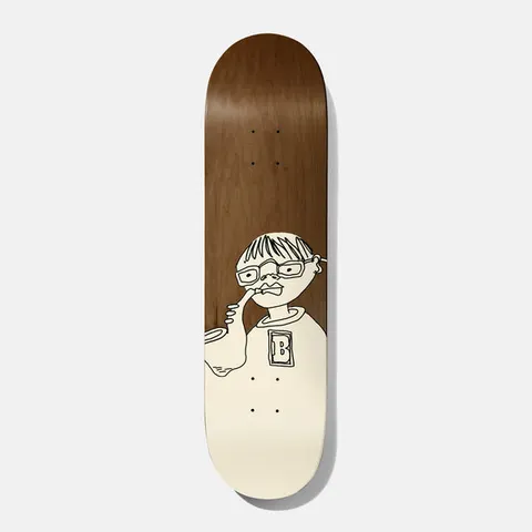 Baker Theotis Toots 8.25 skateboard deck: Cream line drawing of a bespectacled boy in a B-lettered top picking his nose, on a brown wood-stained deck, with the lower part of the deck filled cream.