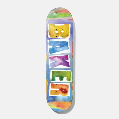 Baker Theotis Watercolor 8.25 skateboard deck: Baker logo letters stacked vertically on torn white paper blocks, each letter painted in a different watercolour wash, with a rainbow wash background.