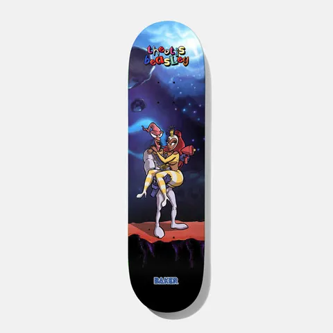 Baker Theotis Whats Her Name 8.25 skateboard deck: Cartoon of a masked, white-suited figure with a pink hat carrying a woman in yellow striped stockings, against a blue starry space sky and red rocky ground. Multicoloured rider name at top.