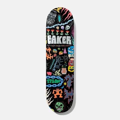 Baker Tyson Another Thing Coming 8.25 skateboard deck: Black deck packed with colourful hand-drawn doodles: flowers, houses, masks, flames, skulls, a chain, a pot plant and a figure, around a silver Baker logo and green Tyson lettering.