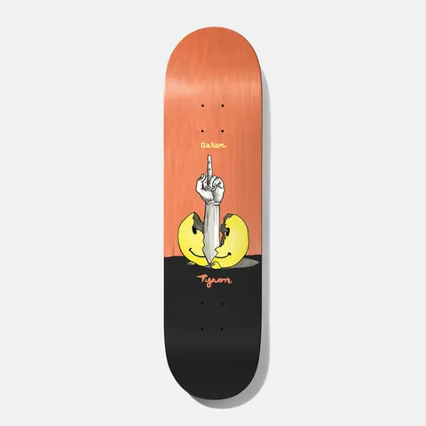 Baker Tyson Brainstorm 8.5 skateboard deck: Grey-toned arm with a raised middle finger bursting out of a cracked yellow smiley face, on a deck split orange above and black below. Small 'Baker' and 'Tyson' in handwritten script.