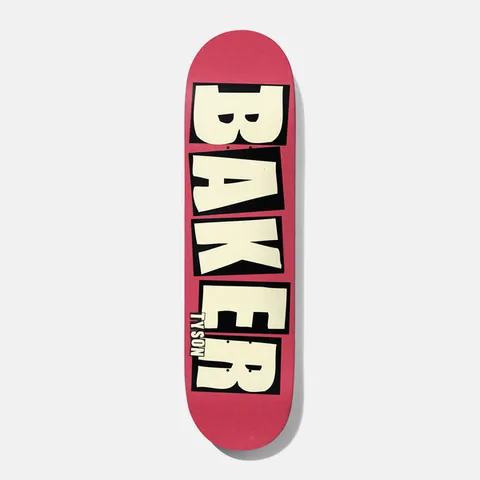 Baker Tyson Brand Name Blush 8.475 skateboard deck: The Baker name in large cream block letters with black outlines, stacked down a blush pink deck. The rider's name is small on the E.