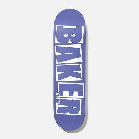 Baker Tyson Brand Name Periwink B2 8.0 skateboard deck: Large white blocky Baker logo letters with a hand-cut look fill the deck on a periwinkle purple background, with small Tyson lettering by the tail.