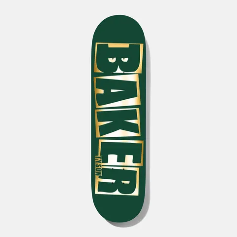 Baker Tyson Brand Name Green/Foil B2 8.0 skateboard deck: The Baker logo in tall block letters in dark green, each letter outlined in a gold foil box on a dark green deck. Small cartoon eyes sit in the B, and the rider's name runs sideways near the tail.