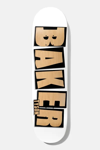Baker Tyson Brand Name White Veneer 8.5 skateboard deck: Large stacked BAKER letters in black blocks with bare natural wood showing through the letterforms, on a white deck, with a small TYSON label by the R.