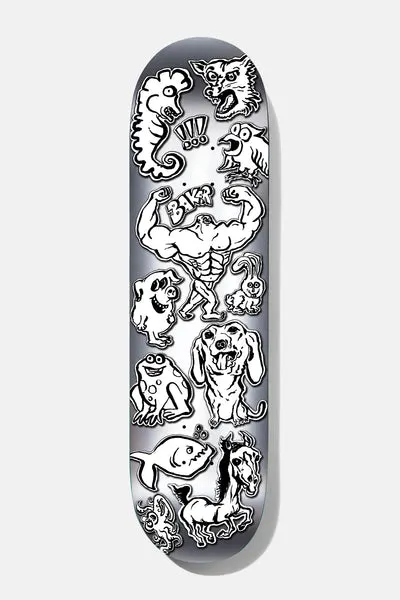 Baker Tyson Calamities 8.38 skateboard deck: Black-and-white cartoon animals and creatures with thick outlines on a silver deck, including a wolf, bird, dog, frog, pig, rabbit, fish and horse, centred on a muscular figure with a Baker logo on its chest and exclamation marks above.