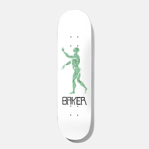 Baker Tyson Figure 8.38 skateboard deck: Green anatomical figure of a walking man with exposed muscles and one detached forearm, above Baker in black hand-drawn capitals, on a white deck.