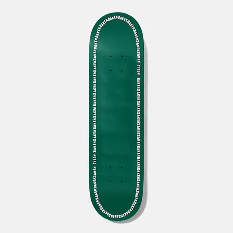 Baker Tyson Green Edge 8.25 skateboard deck: Plain dark green deck with a faint blurred Baker logo and a border of repeating 'Baker' lettering in black and white running around the edge, with 'Tyson' once on the left.