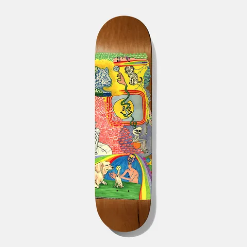 Baker Tyson Hot Dogs Lament 8.38 skateboard deck: Colourful naive painting collage of a brick wall, a leopard, a skeleton on a toilet, a golden dog, and a man with a small dog beside a rainbow, on a natural brown wood deck.