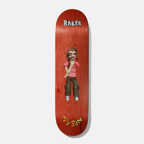 Baker Tyson Kazi 8.38 skateboard deck: Plasticine claydoll figure of a skater with dreadlocks in a red striped shirt and brown cargo trousers, hand on chin, with grey clay Baker lettering above and colourful clay Tyson below, on a red stained deck.