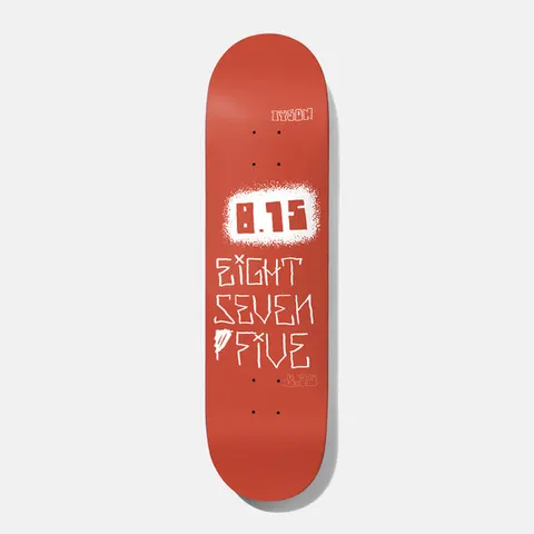 Baker Tyson Mega 8.75 skateboard deck: Red deck with hand-drawn white lettering reading 'EIGHT SEVEN FIVE' beneath a spray-stencilled box containing '8.75', and the rider name small at the top.