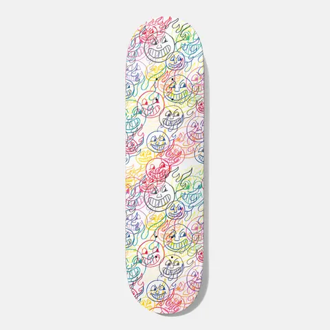 Baker Tyson Menace 8.125 skateboard deck: Dense all-over pattern of overlapping outlined grinning faces with flames, drawn in multicoloured lines on a white deck.