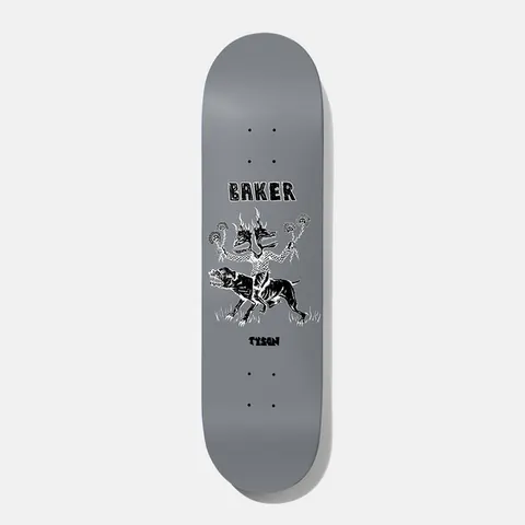 Baker Tyson Misty Flip Judo Chop 8.38 skateboard deck: Black and white drawing of a two-headed, multi-armed figure riding a snarling dog, holding flaming torches, on a grey deck. Hand-lettered Baker logo above and rider name below.