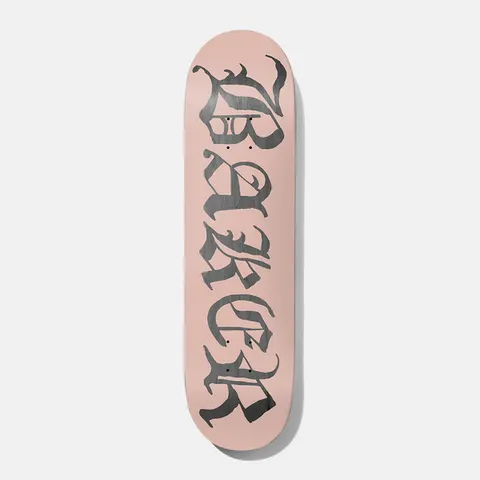 Baker Tyson Old E Pink/Grey Veneer 8.25 skateboard deck: The Baker name in large grey Old English blackletter runs vertically down the length of a pale pink deck.