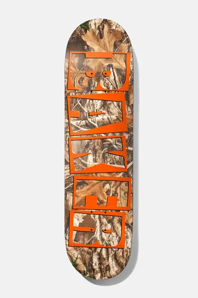 Baker Tyson Orange Tree 8.5 skateboard deck: Orange block-letter BAKER logo outlined in orange over a realistic camouflage pattern of oak leaves and bark.