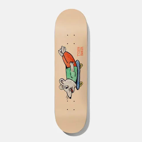 Baker Tyson Our Furry Friends B2 8.0 skateboard deck: Childlike textured illustration of a grey mouse in orange top and green shorts lying on a blue skateboard, with the rider name in orange on a peach deck.