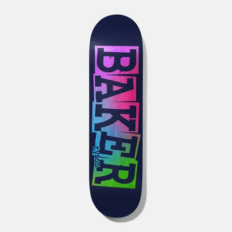 Baker Tyson Ribbon Navy Rainbow 8.25 skateboard deck: Large Baker ribbon logo in chunky slab capitals, filled with a pink, blue and green rainbow gradient, set on a solid navy deck. Rider name in small lowercase letters beside the final R.