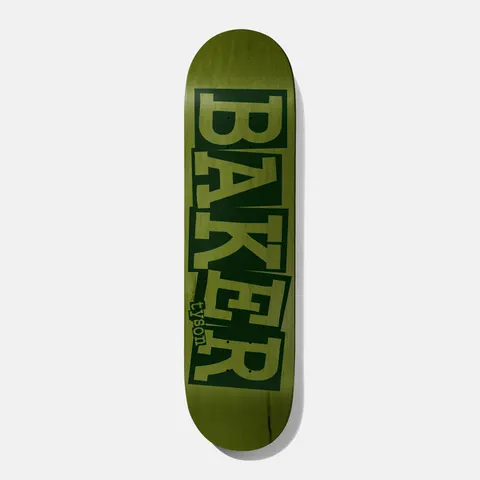 Baker Tyson Ribbon Green Veneer 8.5 skateboard deck: Baker ribbon logo in large stacked block capitals in dark green on an olive green stained deck, with the rider name in small lowercase near the tail.
