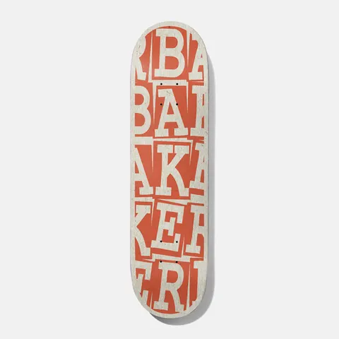Baker Tyson Ribbon Stack Rust 8.38 B2 Shape skateboard deck: Stacked, overlapping serif capital letters spelling BAKER in cream on a rust-orange ground, cropped at the edges, repeated in jumbled rows down the deck.
