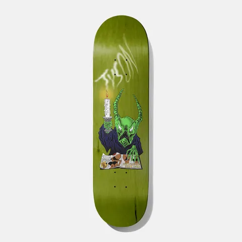 Baker Tyson Sorcery Survival 8.125 skateboard deck: Olive green stained deck with a green horned demon in a blue robe holding a lit candle over an open magazine, with 'Tyson' written in smoky white wisps above.