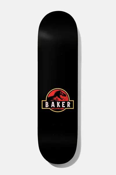 Baker Tyson Peterson The Stoned Age 8.0 skateboard deck: Plain black deck with a small logo near the centre: the Baker name in a yellow-framed panel beneath a red dinosaur skull, in the style of the Jurassic Park logo.